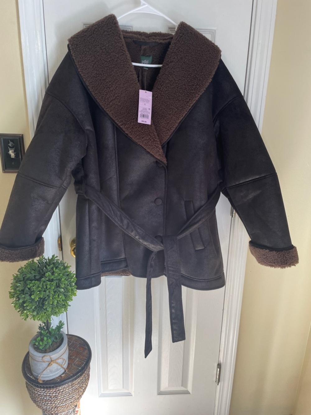 Wild Fable Dark Brown Mobwife Preppy Faux-Shearling Belted Jacket